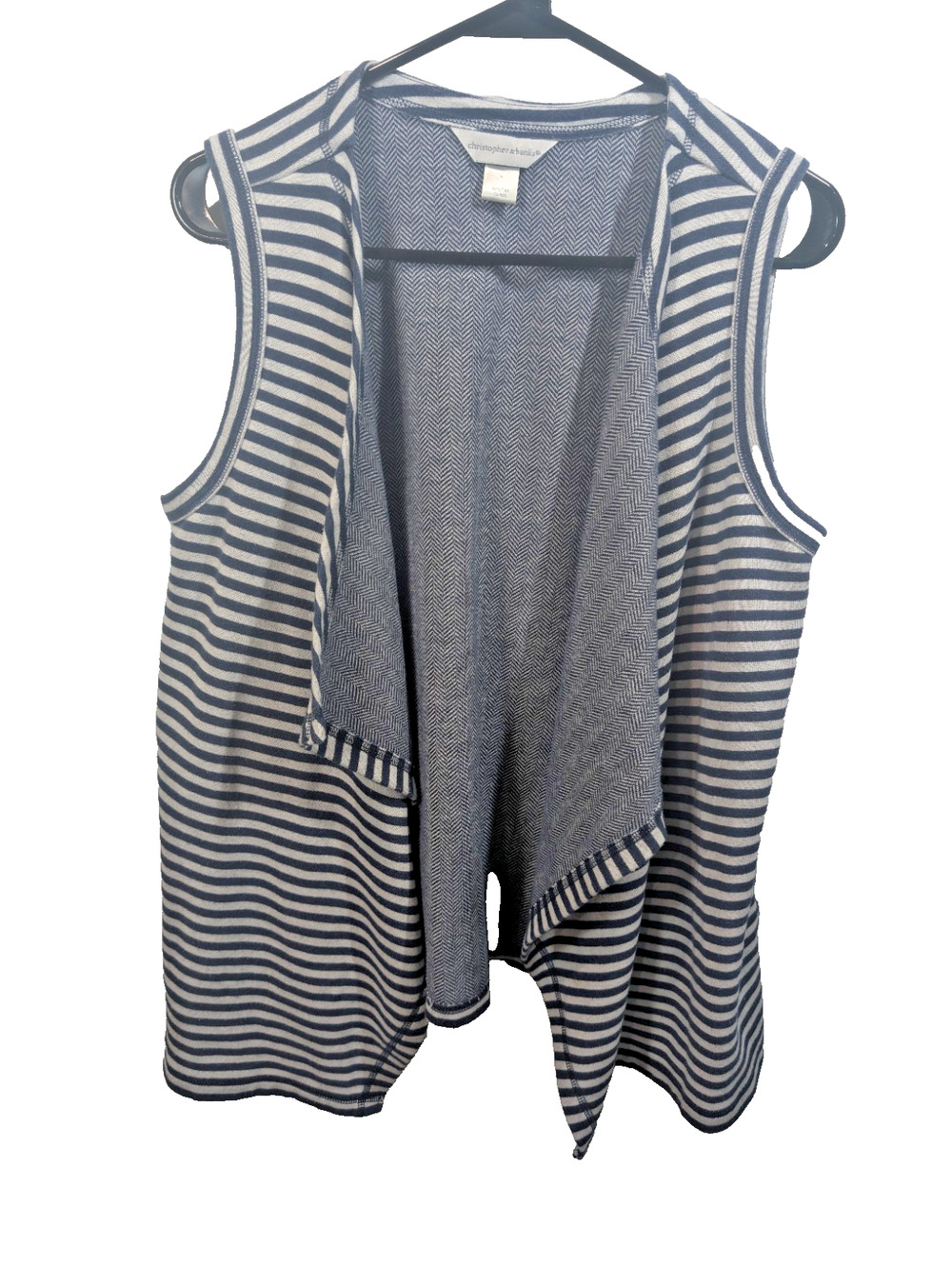 Christopher Banks Vest Large Navy White Geometric Stripe Drape Coastal Knit Top